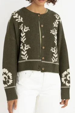 Antique Floral Crop Cardigan Olive