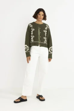 Antique Floral Crop Cardigan Olive