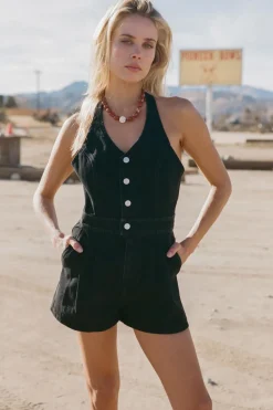 Cassy Halter Denim Romper Vintage Black