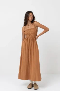 Classic Shirred Midi Dress Caramel