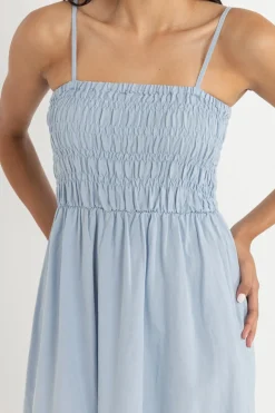 Classic Shirred Midi Dress Blue