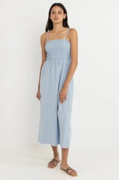 Classic Shirred Midi Dress Blue