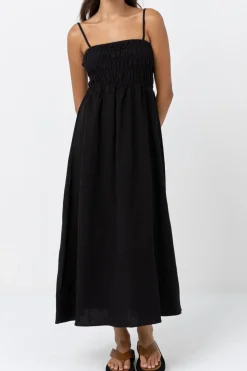 Classic Shirred Midi Dress Black