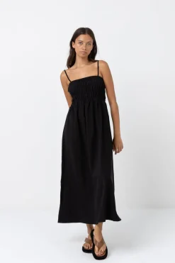 Classic Shirred Midi Dress Black