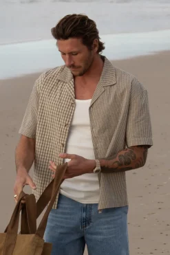 Cross Check Relaxed Ss Shirt Natural Mixed Check