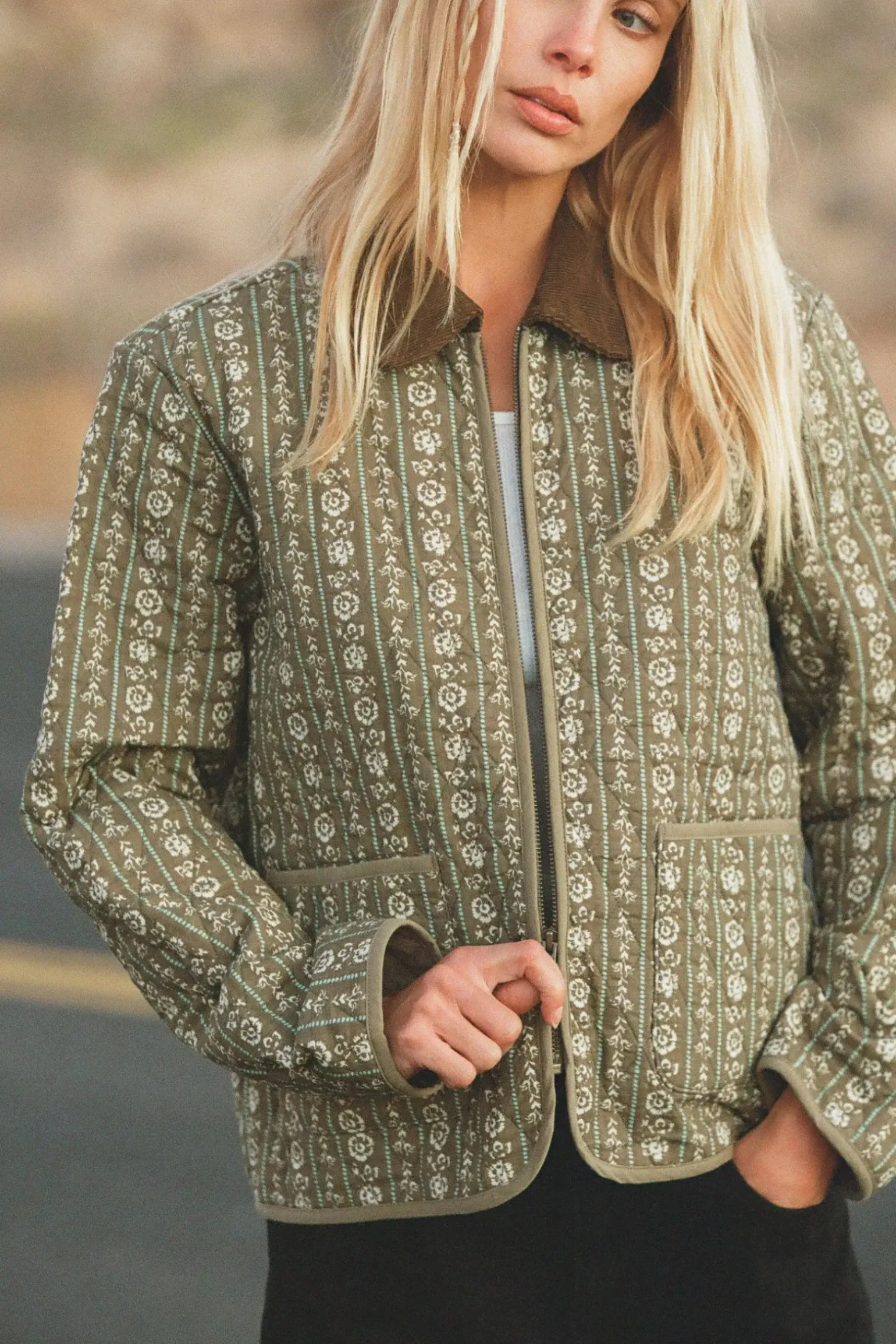 Vintage Floral Quilted Jacket Dusty Olive